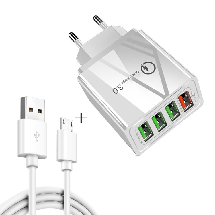 2 in 1 Cavo dati da USB a micro USB da 1 m + 30 W QC 3.0 4 interfacce USB Telefono cellulare Tablet PC Caricabatterie rapido universale Set caricabatterie da viaggio, spina europea, Micro USB Set EU Plug