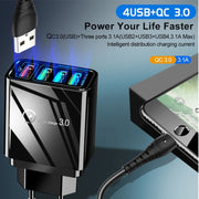 2 in 1 Cavo dati da USB a micro USB da 1 m + 30 W QC 3.0 4 interfacce USB Telefono cellulare Tablet PC Caricabatterie rapido universale Set caricabatterie da viaggio, spina europea, Micro USB Set EU Plug