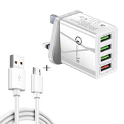 Cavo dati da USB a micro USB 2 in 1 da 1 m + 30 W QC 3.0 4 interfacce USB Telefono cellulare Tablet PC Set caricabatterie da viaggio caricabatterie rapido universale, spina UK, Micro USB Set UK Plug