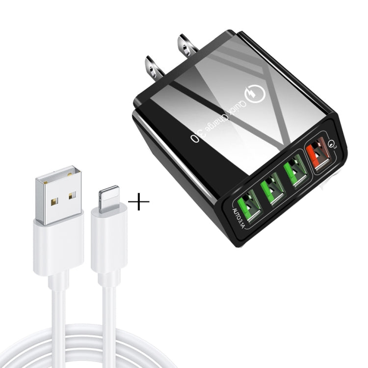 Cavo dati 2 in 1 da USB a 8 pin da 1 m + 30 W QC 3.0 4 interfacce USB Telefono cellulare Tablet PC Caricabatterie rapido universale Set caricabatterie da viaggio, spina USA, 8 Pin Set US Plug