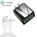 Cavo dati 2 in 1 da USB a 8 pin da 1 m + 30 W QC 3.0 4 interfacce USB Telefono cellulare Tablet PC Caricabatterie rapido universale Set caricabatterie da viaggio, spina USA, 8 Pin Set US Plug