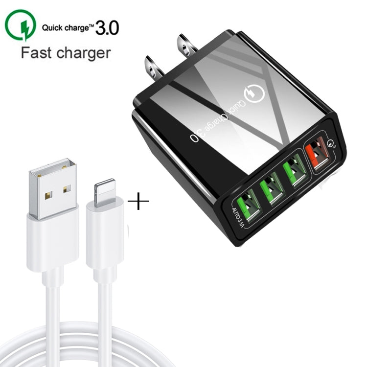 Cavo dati 2 in 1 da USB a 8 pin da 1 m + 30 W QC 3.0 4 interfacce USB Telefono cellulare Tablet PC Caricabatterie rapido universale Set caricabatterie da viaggio, spina USA, 8 Pin Set US Plug