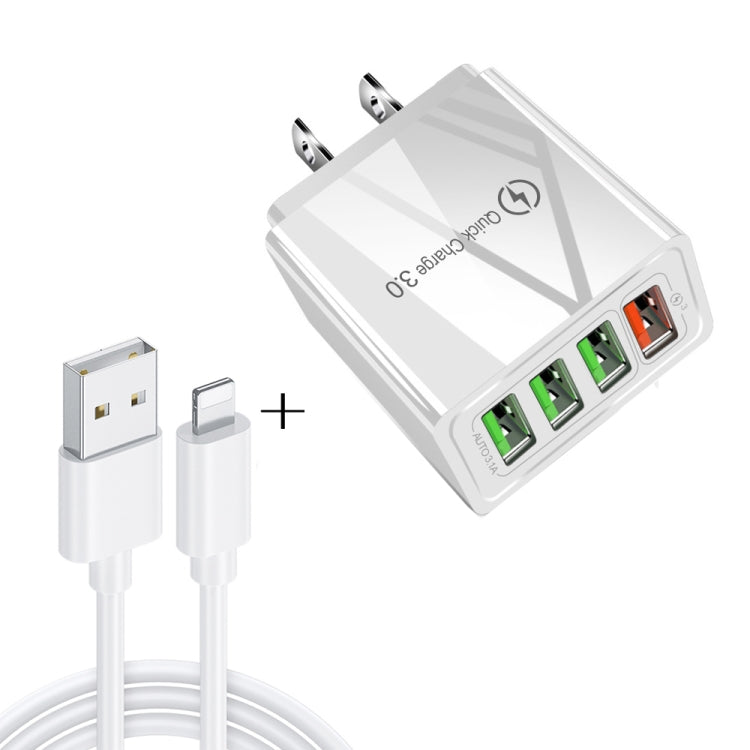 Cavo dati 2 in 1 da USB a 8 pin da 1 m + 30 W QC 3.0 4 interfacce USB Telefono cellulare Tablet PC Caricabatterie rapido universale Set caricabatterie da viaggio, spina USA, 8 Pin Set US Plug