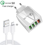 Cavo dati 2 in 1 da USB a 8 pin da 1 m + 30 W QC 3.0 4 interfacce USB Telefono cellulare Tablet PC Caricabatterie rapido universale Set caricabatterie da viaggio, spina europea, 8 Pin Set EU Plug