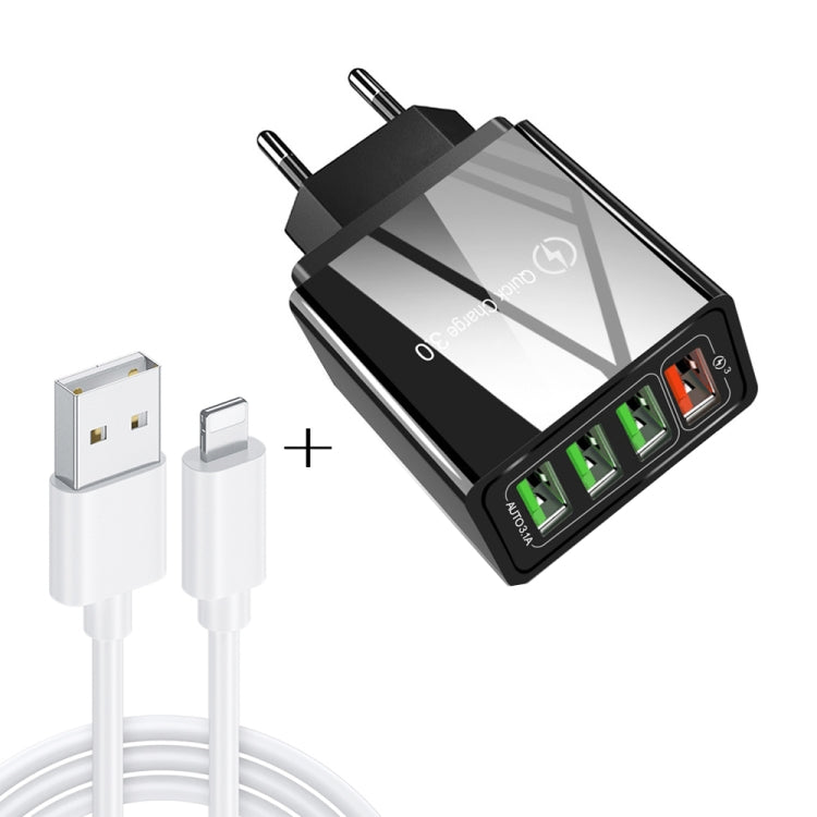 Cavo dati 2 in 1 da USB a 8 pin da 1 m + 30 W QC 3.0 4 interfacce USB Telefono cellulare Tablet PC Caricabatterie rapido universale Set caricabatterie da viaggio, spina europea, 8 Pin Set EU Plug