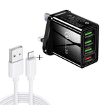 Cavo dati 2 in 1 da USB a 8 pin da 1 m + 30 W QC 3.0 4 interfacce USB Telefono cellulare Tablet PC Caricabatterie rapido universale Set caricabatterie da viaggio, spina UK, 8 Pin Set UK Plug