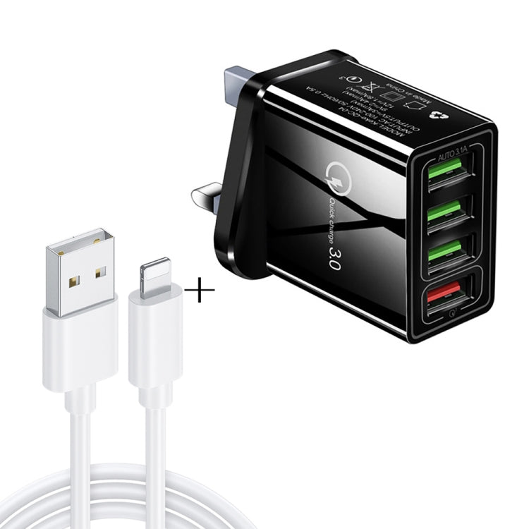Cavo dati 2 in 1 da USB a 8 pin da 1 m + 30 W QC 3.0 4 interfacce USB Telefono cellulare Tablet PC Caricabatterie rapido universale Set caricabatterie da viaggio, spina UK, 8 Pin Set UK Plug