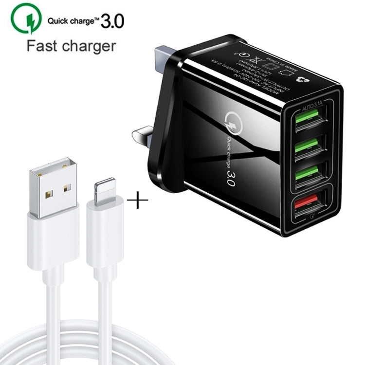 Cavo dati 2 in 1 da USB a 8 pin da 1 m + 30 W QC 3.0 4 interfacce USB Telefono cellulare Tablet PC Caricabatterie rapido universale Set caricabatterie da viaggio, spina UK, 8 Pin Set UK Plug