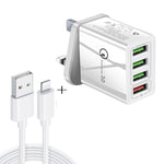 Cavo dati 2 in 1 da USB a 8 pin da 1 m + 30 W QC 3.0 4 interfacce USB Telefono cellulare Tablet PC Caricabatterie rapido universale Set caricabatterie da viaggio, spina UK, 8 Pin Set UK Plug