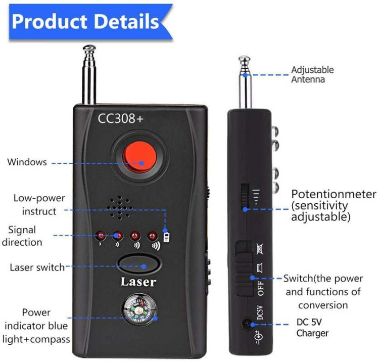 Rilevatore laser per telecamera a gamma completa CC308 Mini rilevatore di segnale per telecamera wireless Dispositivo GSM