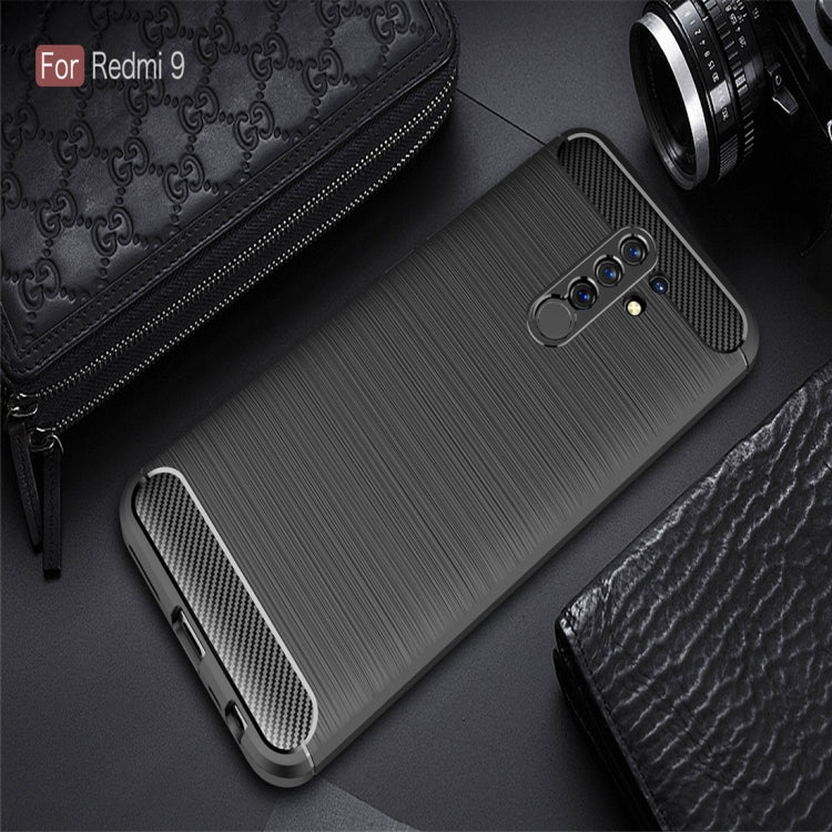 Custodia in TPU in fibra di carbonio con trama spazzolata, For Xiaomi Redmi 9