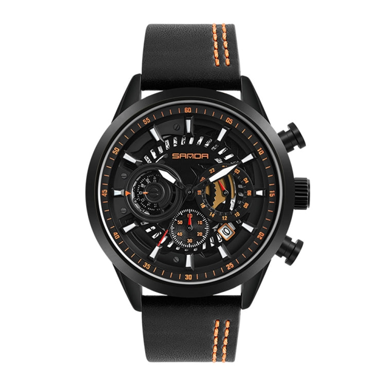 SANDA 5010P Six-Pin Cool Big Dial Orologio da uomo a tre occhi impermeabile con cinturino in pelle Orologio da uomo di tendenza alla moda