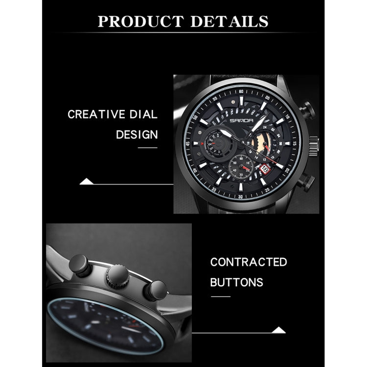 SANDA 5010P Six-Pin Cool Big Dial Orologio da uomo a tre occhi impermeabile con cinturino in pelle Orologio da uomo di tendenza alla moda
