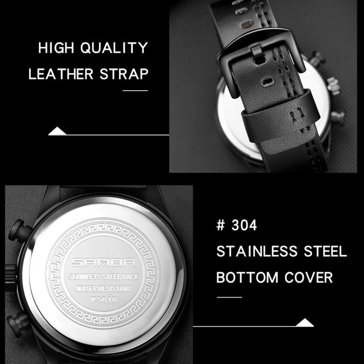 SANDA 5010P Six-Pin Cool Big Dial Orologio da uomo a tre occhi impermeabile con cinturino in pelle Orologio da uomo di tendenza alla moda