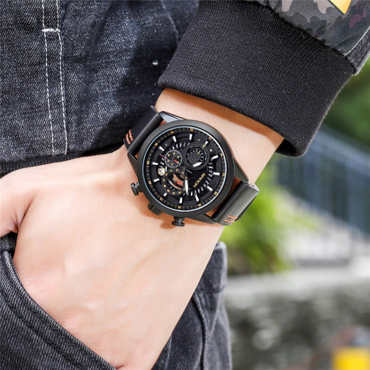 SANDA 5010P Six-Pin Cool Big Dial Orologio da uomo a tre occhi impermeabile con cinturino in pelle Orologio da uomo di tendenza alla moda