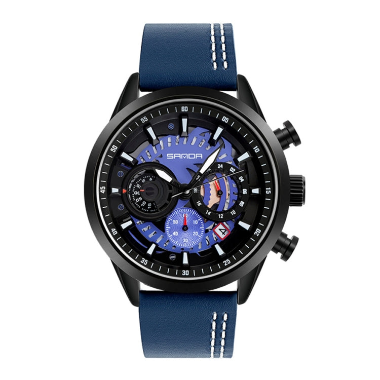 SANDA 5010P Six-Pin Cool Big Dial Orologio da uomo a tre occhi impermeabile con cinturino in pelle Orologio da uomo di tendenza alla moda