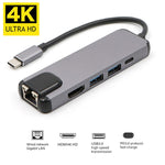 Hub USB-C 5 in 1 con HDMI 4K, RJ45, USB 3.0 e PD