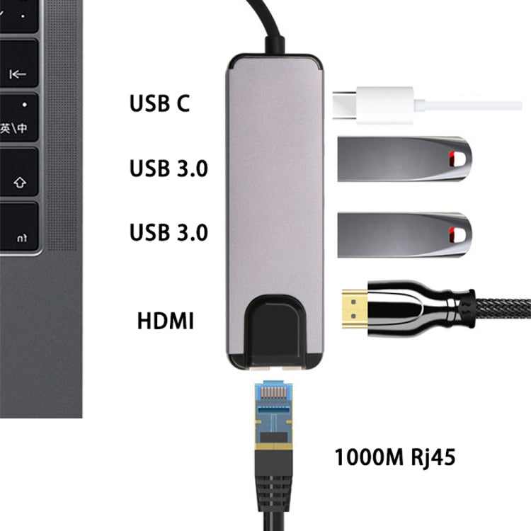 Hub USB-C 5 in 1 con HDMI 4K, RJ45, USB 3.0 e PD