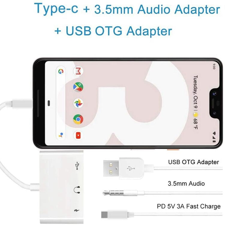 Adattatore OTG USB-C 3 in 1 con jack cuffie 3,5 mm