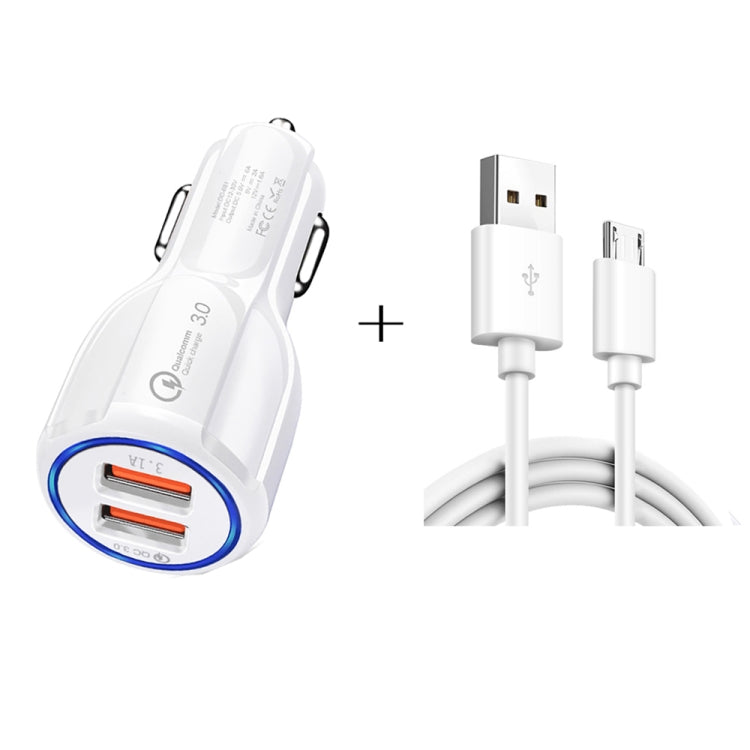 Caricabatteria da auto doppio USB Qc3.0 + kit di ricarica per auto con cavo di ricarica rapida micro USB, Micro USB (White), Micro USB (Black)
