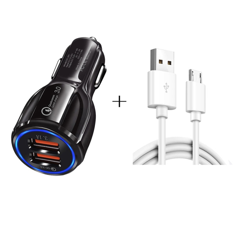 Caricabatteria da auto doppio USB Qc3.0 + kit di ricarica per auto con cavo di ricarica rapida micro USB, Micro USB (White), Micro USB (Black)