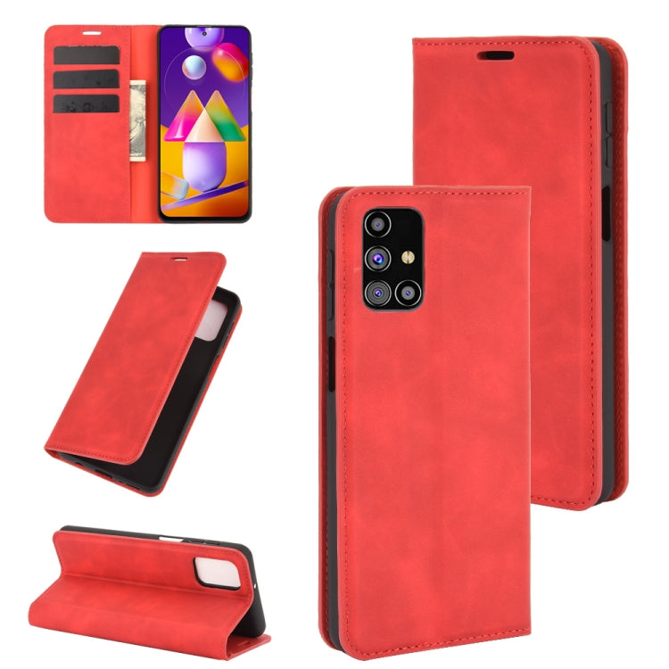 Per Samsung Galaxy M31s Retro-skin Business Custodia in pelle con ventosa magnetica con supporto e slot per schede e portafoglio, For Galaxy M31s