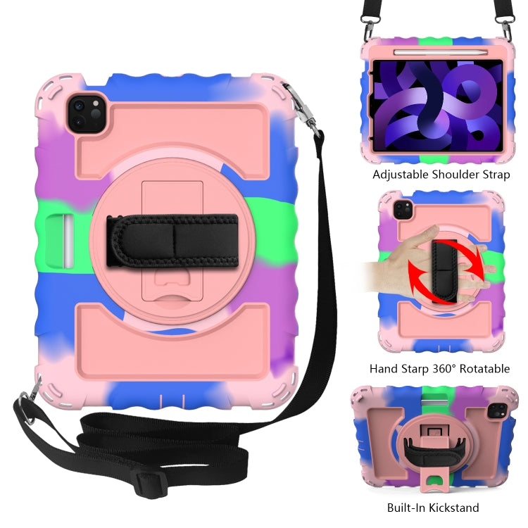 Per iPad Air 4 / 10,8 pollici (2020) PC con rotazione a 360 gradi + Custodia combinata antiurto in silicone con supporto e cinturino per impugnatura e tracolla e portapenne, For iPad Air 2022 / 2020 10.9