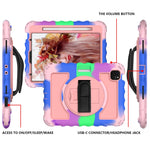 Per iPad Air 4 / 10,8 pollici (2020) PC con rotazione a 360 gradi + Custodia combinata antiurto in silicone con supporto e cinturino per impugnatura e tracolla e portapenne, For iPad Air 2022 / 2020 10.9