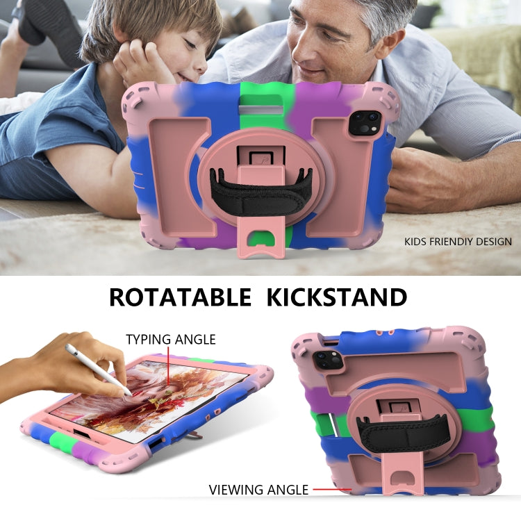 Per iPad Air 4 / 10,8 pollici (2020) PC con rotazione a 360 gradi + Custodia combinata antiurto in silicone con supporto e cinturino per impugnatura e tracolla e portapenne, For iPad Air 2022 / 2020 10.9