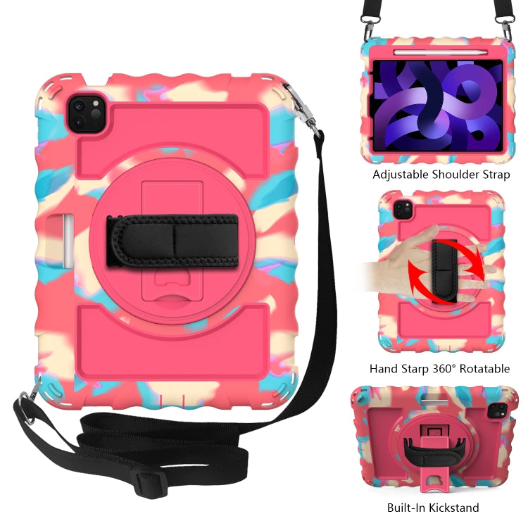 Per iPad Air 4 / 10,8 pollici (2020) PC con rotazione a 360 gradi + Custodia combinata antiurto in silicone con supporto e cinturino per impugnatura e tracolla e portapenne, For iPad Air 2022 / 2020 10.9