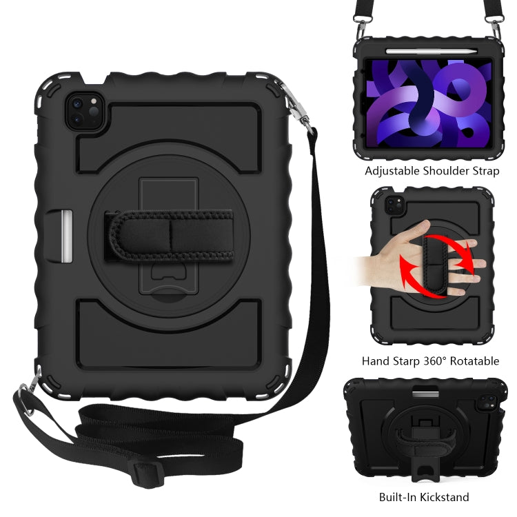 Per iPad Air 4 / 10,8 pollici (2020) PC con rotazione a 360 gradi + Custodia combinata antiurto in silicone con supporto e cinturino per impugnatura e tracolla e portapenne, For iPad Air 2022 / 2020 10.9