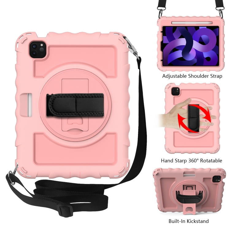 Per iPad Air 4 / 10,8 pollici (2020) PC con rotazione a 360 gradi + Custodia combinata antiurto in silicone con supporto e cinturino per impugnatura e tracolla e portapenne, For iPad Air 2022 / 2020 10.9