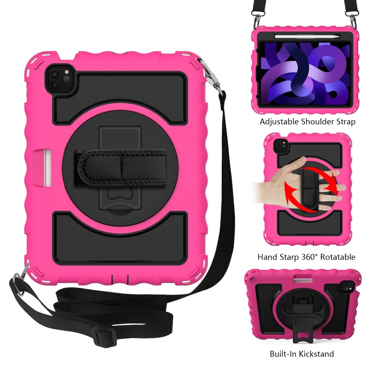 Per iPad Air 4 / 10,8 pollici (2020) PC con rotazione a 360 gradi + Custodia combinata antiurto in silicone con supporto e cinturino per impugnatura e tracolla e portapenne, For iPad Air 2022 / 2020 10.9