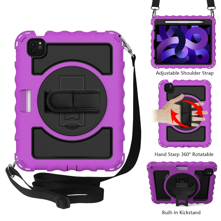 Per iPad Air 4 / 10,8 pollici (2020) PC con rotazione a 360 gradi + Custodia combinata antiurto in silicone con supporto e cinturino per impugnatura e tracolla e portapenne, For iPad Air 2022 / 2020 10.9