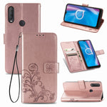 Custodia in pelle con protezione per telefono cellulare con fibbia in rilievo con chiusura a quattro foglie con cordino e slot per schede e funzione portafoglio e supporto, For  Alcatel 1S (2020)