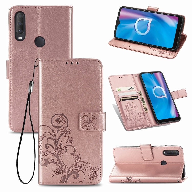 Custodia in pelle con protezione per telefono cellulare con fibbia in rilievo con chiusura a quattro foglie con cordino e slot per schede e funzione portafoglio e supporto, For  Alcatel 1S (2020)