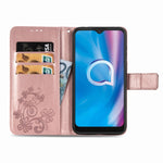 Custodia in pelle con protezione per telefono cellulare con fibbia in rilievo con chiusura a quattro foglie con cordino e slot per schede e funzione portafoglio e supporto, For  Alcatel 1S (2020)