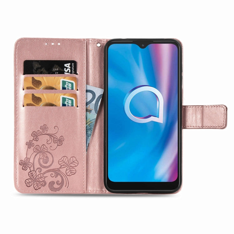 Custodia in pelle con protezione per telefono cellulare con fibbia in rilievo con chiusura a quattro foglie con cordino e slot per schede e funzione portafoglio e supporto, For  Alcatel 1S (2020)