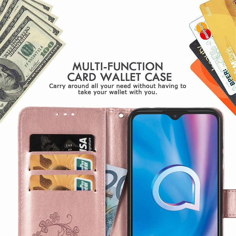 Custodia in pelle con protezione per telefono cellulare con fibbia in rilievo con chiusura a quattro foglie con cordino e slot per schede e funzione portafoglio e supporto, For  Alcatel 1S (2020)