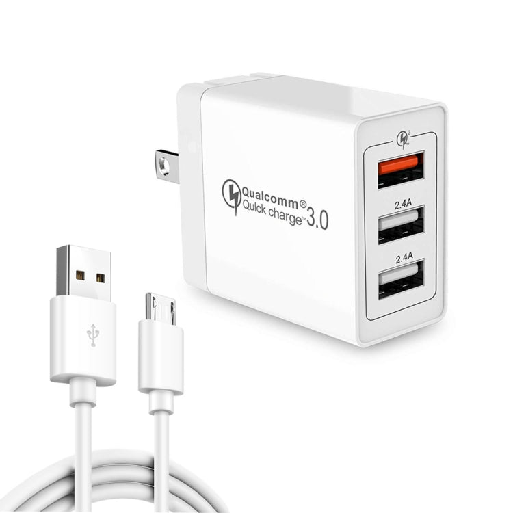 SDC-30W Cavo dati USB a micro USB 2 in 1 + USB QC 3.0 da 30 W + Porte USB 2.0 doppie da 2,4 A Telefono cellulare Tablet PC Caricatore rapido universale Set caricabatterie da viaggio, presa americana, with Micro USB Cable, US Plug