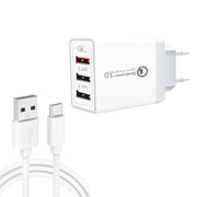 Cavo dati SDC-30W 2 in 1 da USB a USB-C/Type-C + USB QC 3.0 da 30 W + doppie porte USB 2.0 da 2,4 A Telefono cellulare Tablet PC Caricabatterie rapido universale Set caricabatterie da viaggio, presa EU, with USB-C / Type-C Cable, EU Plug