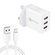 Cavo dati SDC-30W 2 in 1 da USB a USB-C/Type-C + USB QC 3.0 da 30 W + doppie porte USB 2.0 da 2,4 A Telefono cellulare Tablet PC Caricatore rapido universale Set caricabatterie da viaggio, presa UK, with USB-C / Type-C Cable, UK Plug