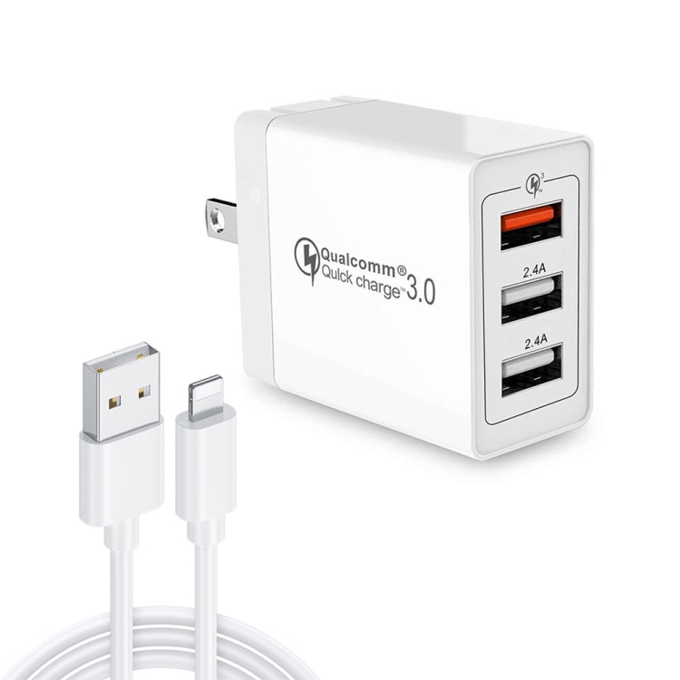 Cavo dati SDC-30W 2 in 1 da USB a 8 pin + USB QC 3.0 da 30 W + doppie porte USB 2.0 da 2,4 A Telefono cellulare Tablet PC Caricatore rapido universale Set caricabatterie da viaggio, presa americana, with 8 Pin Cable, US Plug