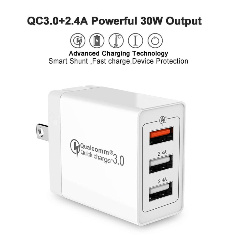 Cavo dati SDC-30W 2 in 1 da USB a 8 pin + USB QC 3.0 da 30 W + doppie porte USB 2.0 da 2,4 A Telefono cellulare Tablet PC Caricatore rapido universale Set caricabatterie da viaggio, presa americana, with 8 Pin Cable, US Plug