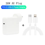 Caricabatterie da viaggio USB-C/Type-C 2 in 1 PD3.0 da 30 W con piedino staccabile + set di cavi dati a ricarica rapida PD3.0 3A USB-C/Type-C a 8 pin, lunghezza cavo: 2 m, spina AU, 2m