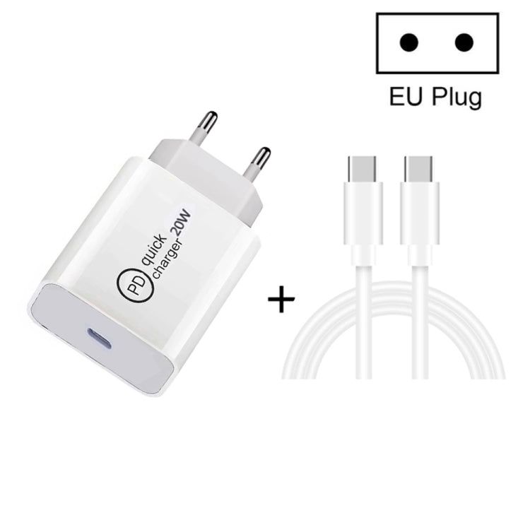 SDC-20W 2 in 1 PD 20W USB-C / Type-C Caricabatterie da viaggio + 3A PD 3.0 USB-C / Type-C a USB-C / Type-C Set di cavi dati per ricarica rapida, lunghezza cavo: 2 m,, EU Plug, US Plug, UK Plug