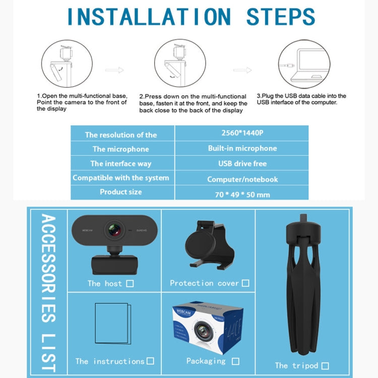 B1 Webcam con rotazione di 360 gradi, risoluzione 2K, HD 1080P, 4 milioni di pixel, con microfono e treppiede