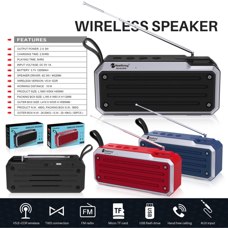 NewRixing NR4018FM TWS Altoparlante Bluetooth stereo portatile, supporto TF Card / FM / 3,5 mm AUX / U Disk / Chiamata in vivavoce