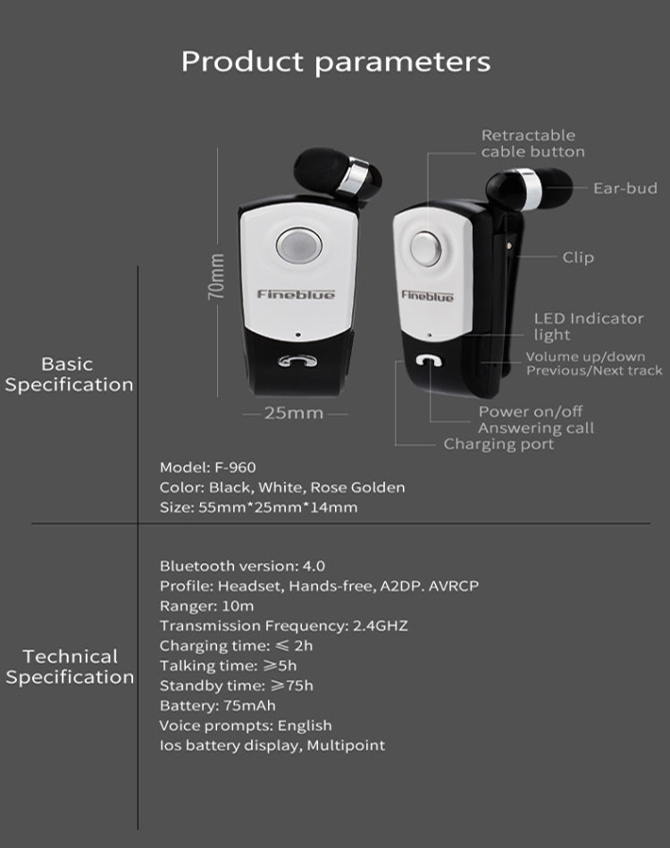 F960 CSR4.1 Auricolare Bluetooth antifurto con promemoria di vibrazione del chiamante con cavo retrattile, Black, White, Gold, Silver