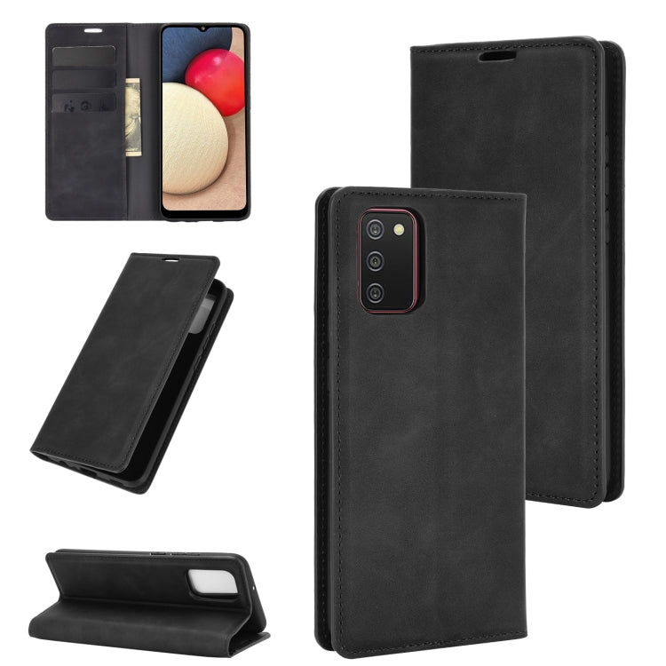 Per Samsung Galaxy A02s Retro-skin Business Custodia in pelle con ventosa magnetica con supporto e slot per carte e portafoglio, For Galaxy A02s (EU Version)